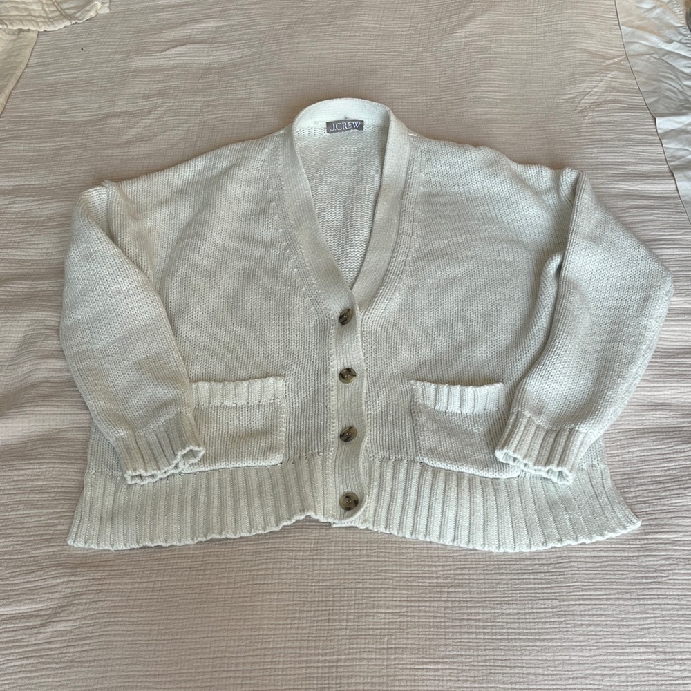 J. Crew White V-Neck Button Cardigan with Pockets